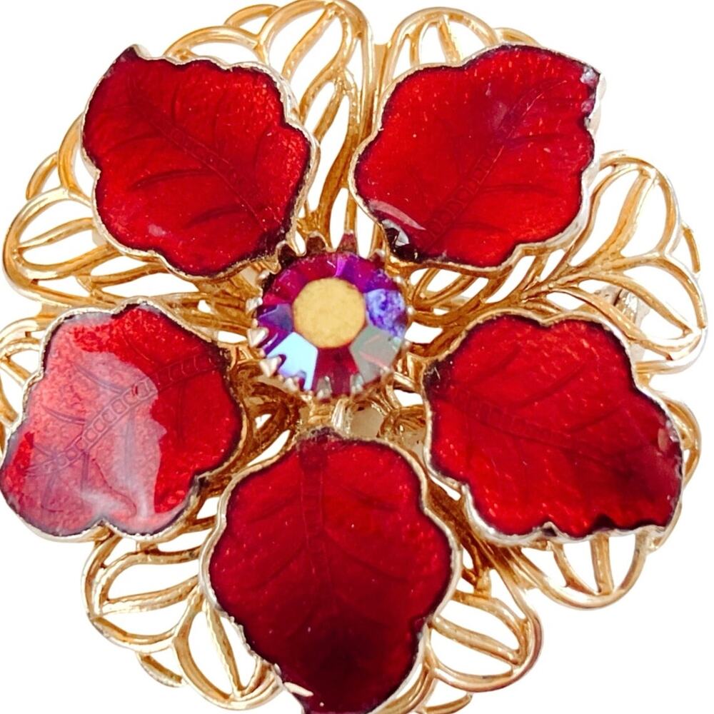 Vintage Mid Century Red Enamel Flower Brooch Aurora Borealis Gold Tone Pin 1960s